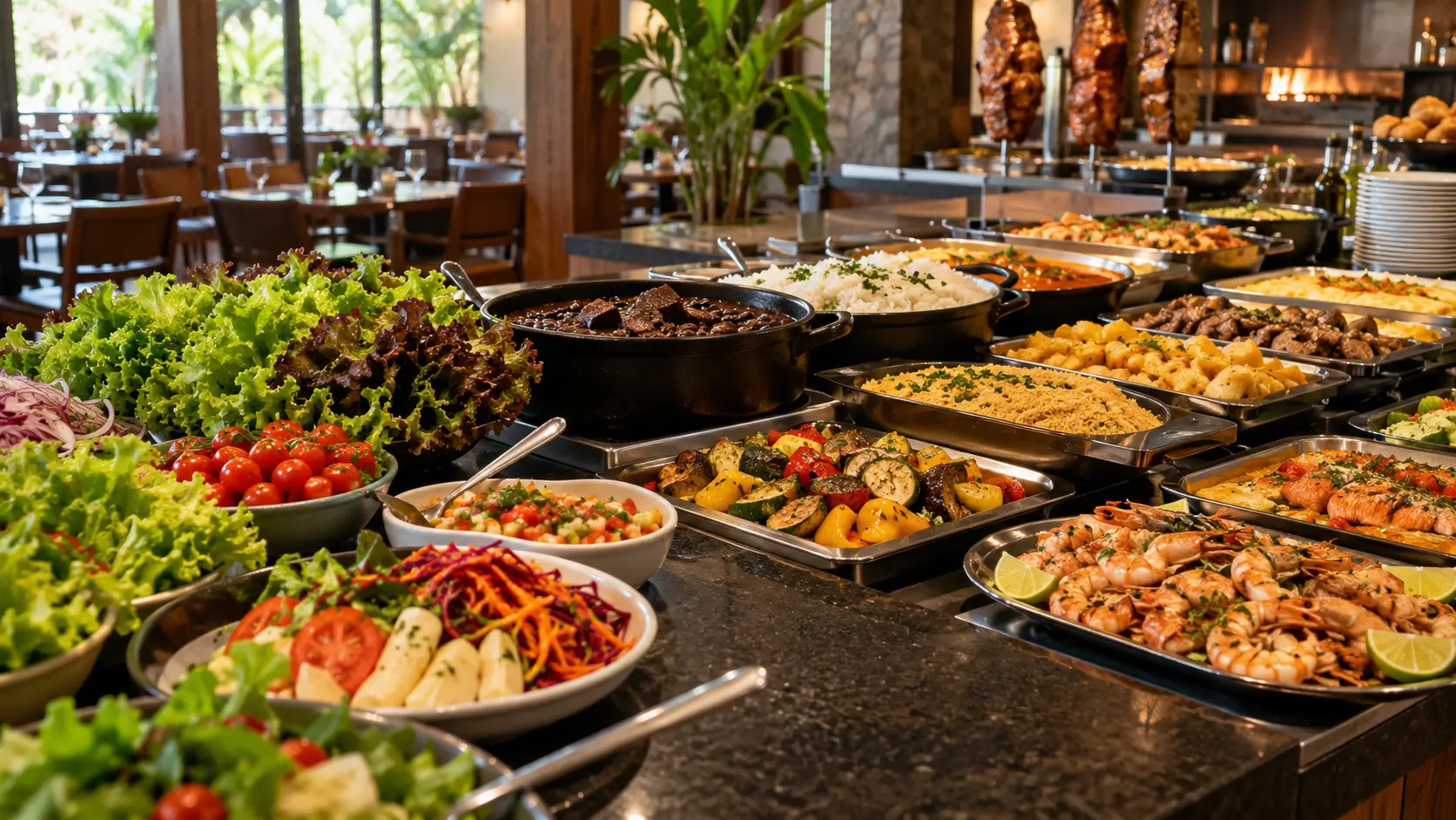 Buffet com saladas e pratos quentes